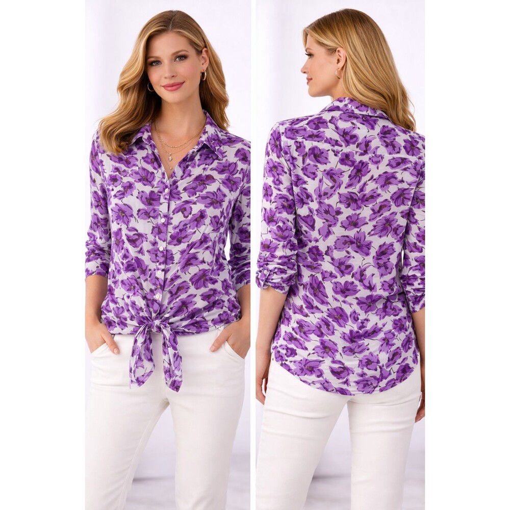 Banana Republic Tie Front Blouse Size 2 Purple Floral Button Front Long Sleeve